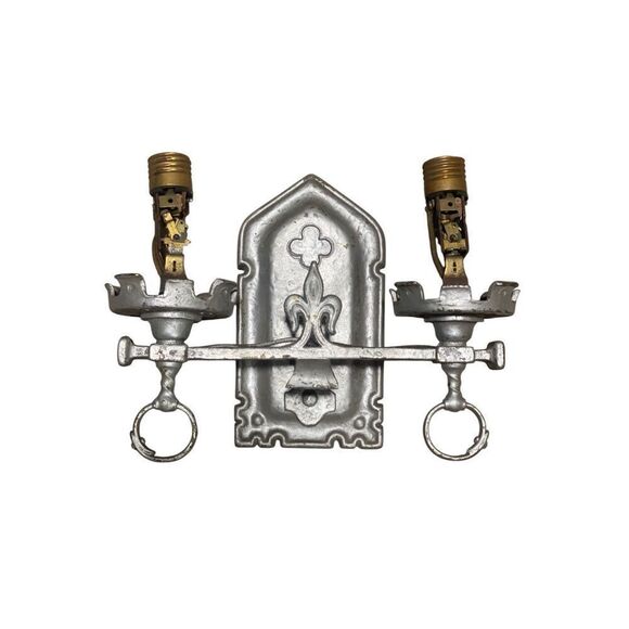 Antiwue Lion Electric Double Arm Brass Sconce Cothic Church Fleur De Lis